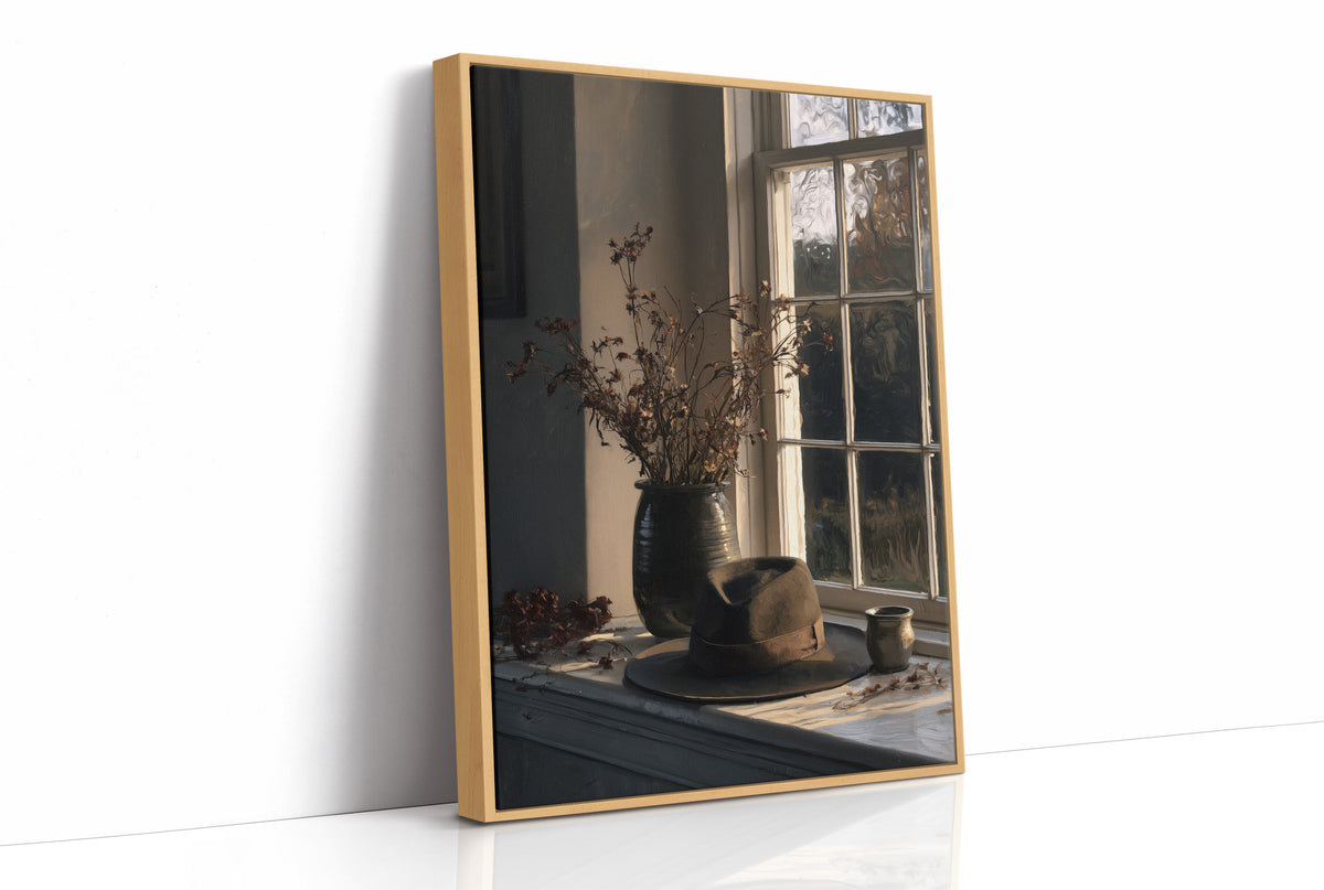 Afternoon Held in the Glass, a vase of dried branches on a sunlit sill reflected in a dark window pane, painted in soft umber, dusky sage and warm cream, as a framed canvas in a natural wood frame