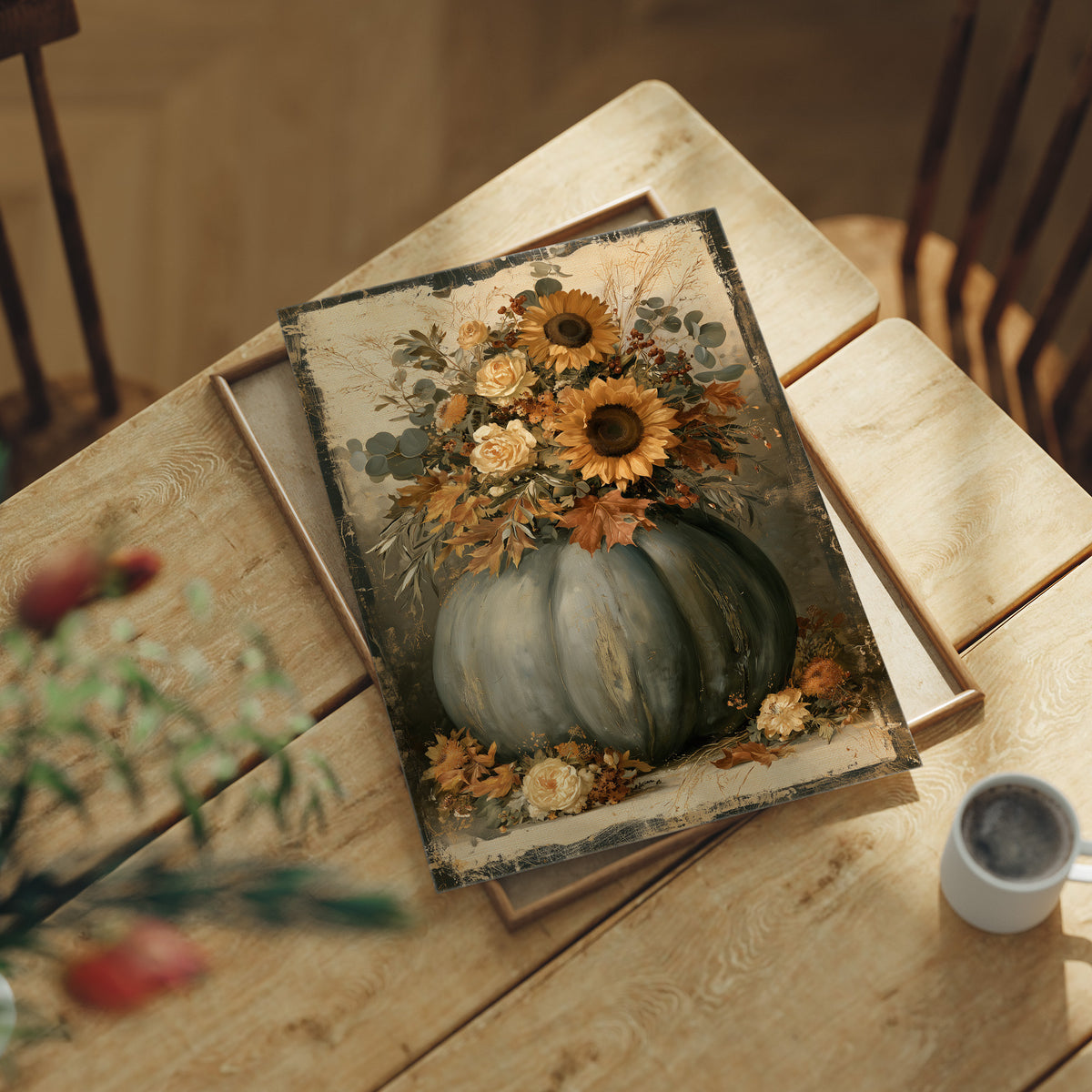 Autumn Bouquet Keeps Its Gold, sunflowers and cream roses crowding a sage green pumpkin on a vintage cream ground, painted in sage, rust and antique cream, lying flat on a light wood table beside a coffee cup and red berries