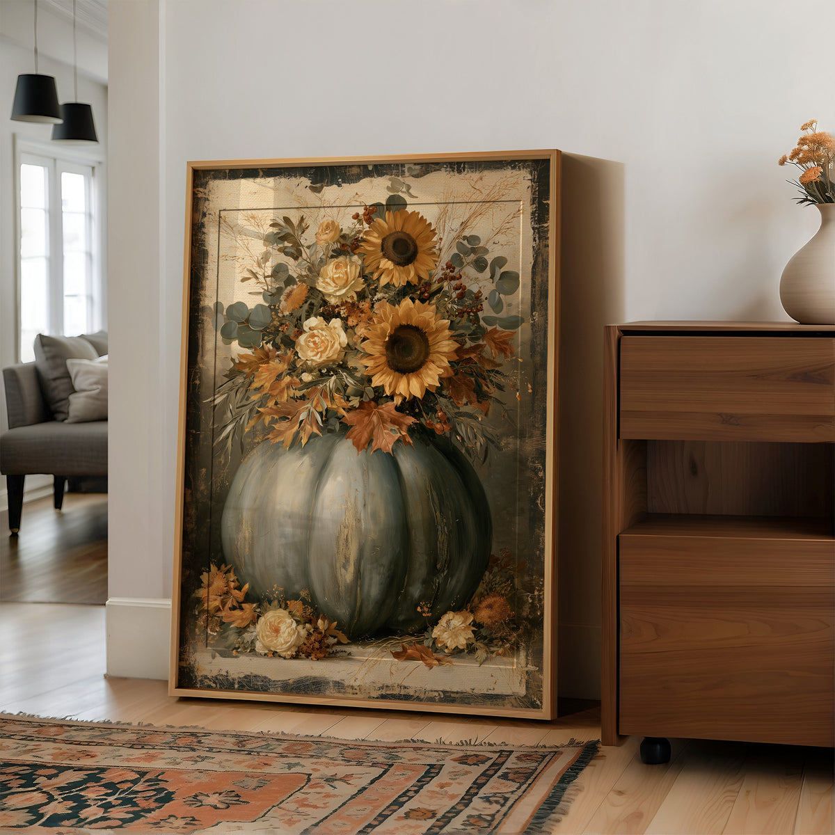 Autumn Bouquet Keeps Its Gold, sunflowers and cream roses crowding a sage green pumpkin on a vintage cream ground, painted in sage, rust and antique cream, in a wood frame on a wall beside a walnut cabinet and an open doorway