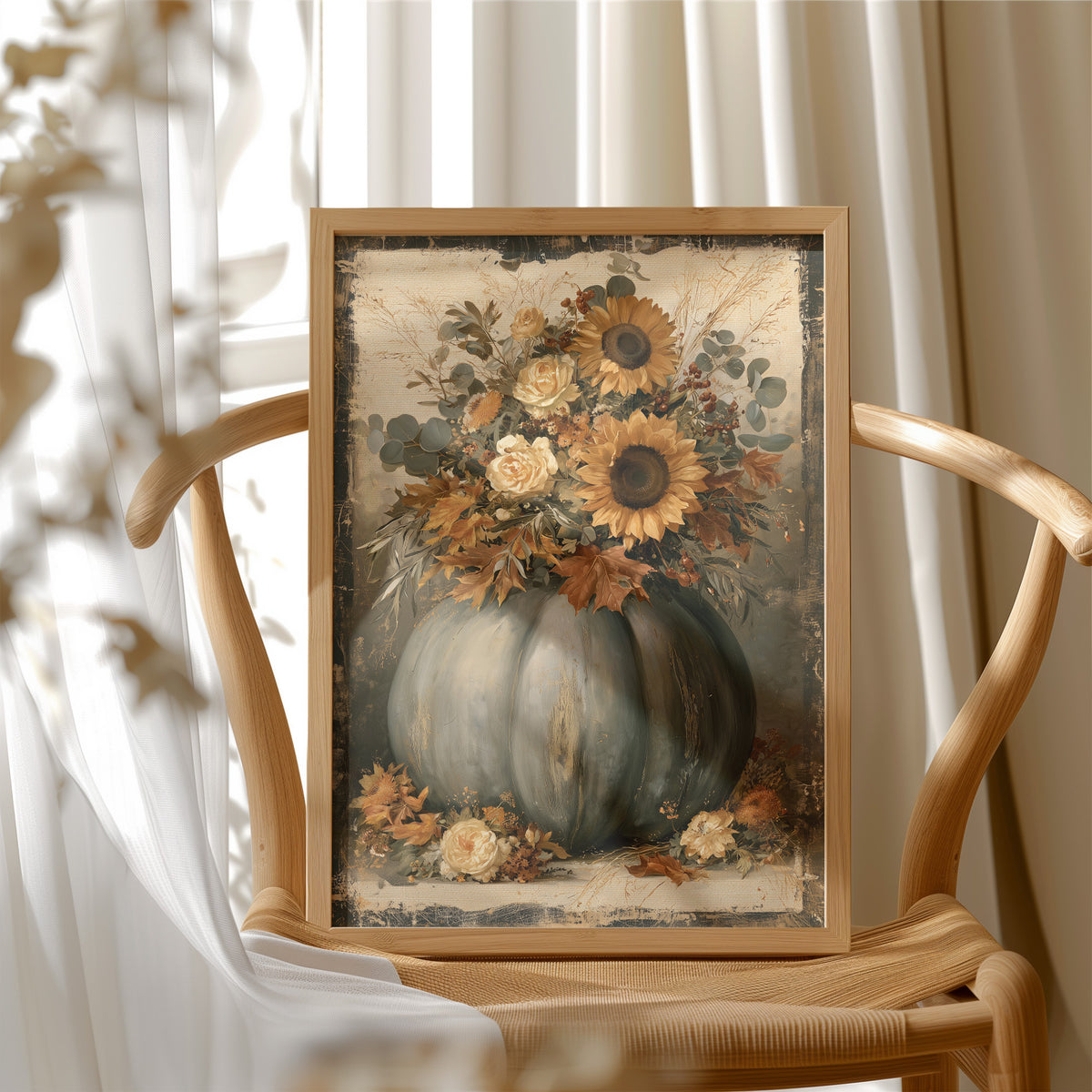 Autumn Bouquet Keeps Its Gold, sunflowers and cream roses crowding a sage green pumpkin on a vintage cream ground, painted in sage, rust and antique cream, in a wood frame beside a wicker chair by a sunny window
