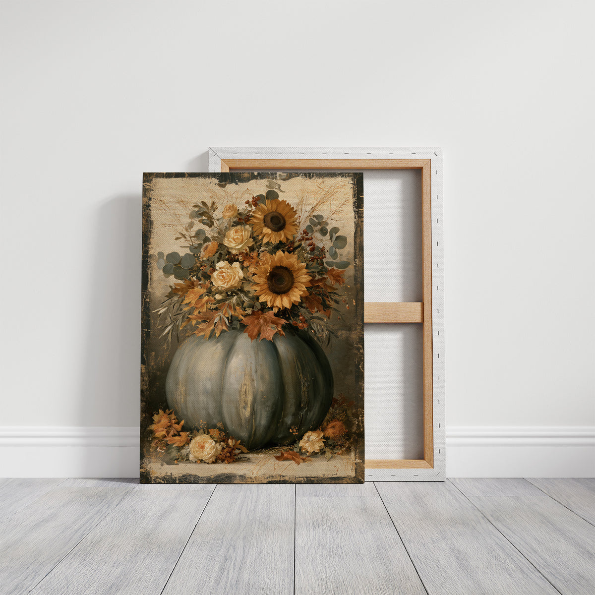 Autumn Bouquet Keeps Its Gold, sunflowers and cream roses crowding a sage green pumpkin on a vintage cream ground, painted in sage, rust and antique cream, on a gallery canvas with wrapped edges leaning against a white wall