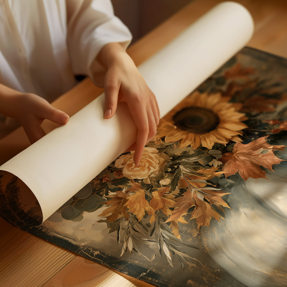 Autumn Bouquet Keeps Its Gold, sunflowers and cream roses crowding a sage green pumpkin on a vintage cream ground, painted in sage, rust and antique cream, as a matte poster, unframed