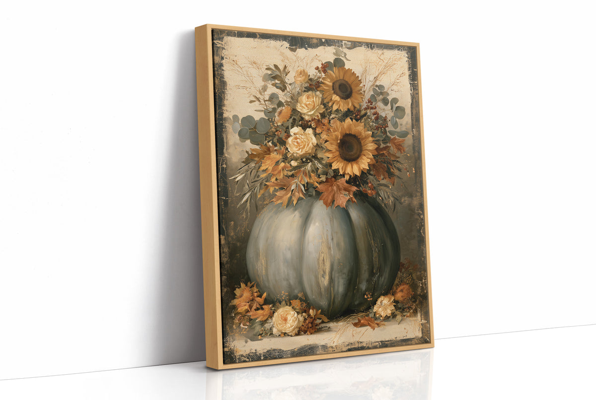 Autumn Bouquet Keeps Its Gold, sunflowers and cream roses crowding a sage green pumpkin on a vintage cream ground, painted in sage, rust and antique cream, as a framed canvas in a natural wood frame