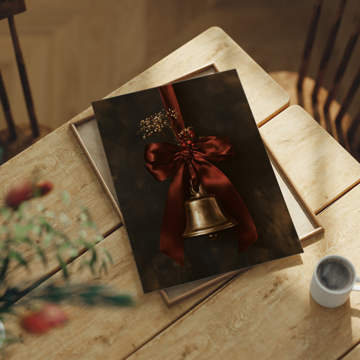Bell Ringing for the Quiet Hour, a brass bell tied with a burgundy satin ribbon and dried sprigs, on a near black ground, lying flat on a light wood table beside a coffee cup and red berries