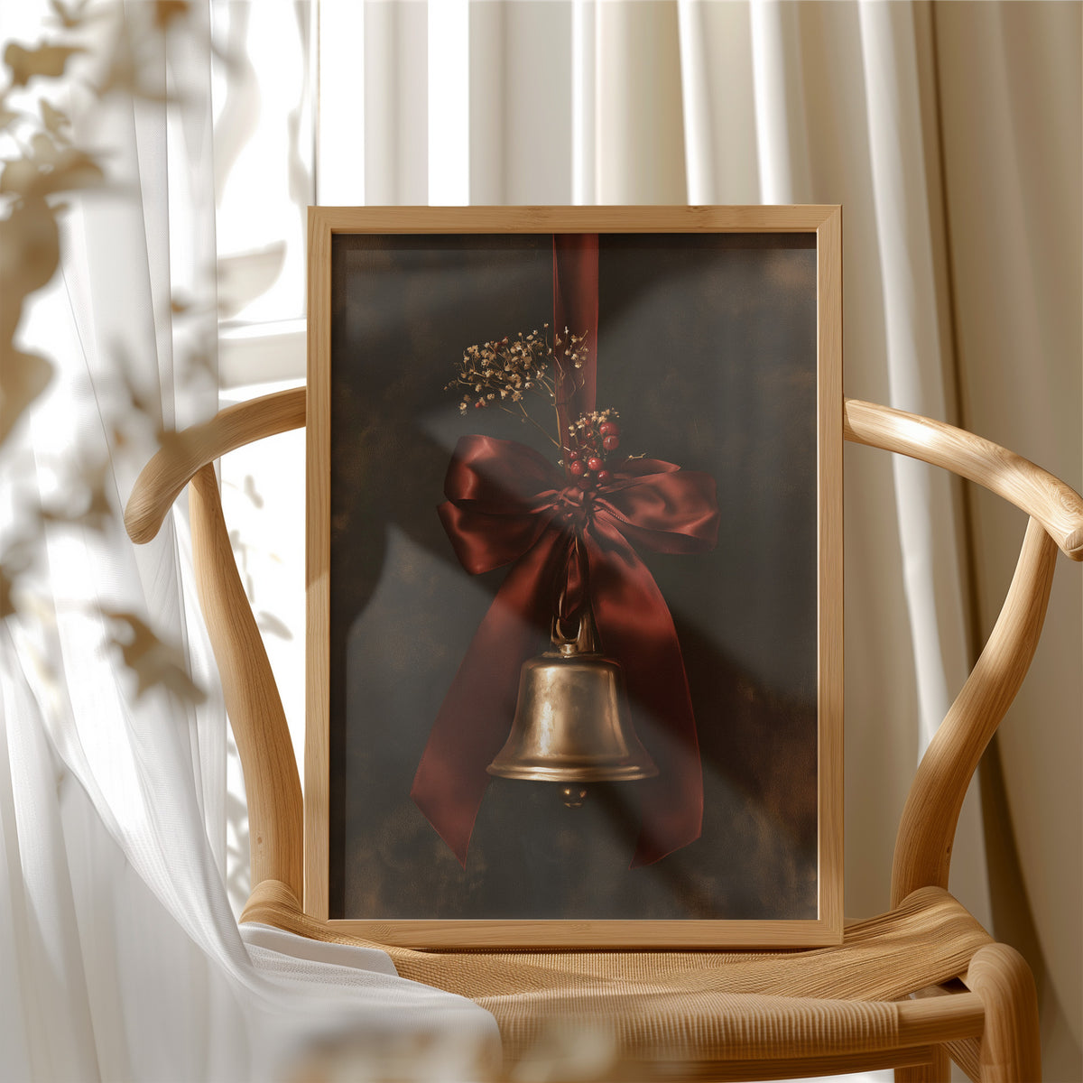 Bell Ringing for the Quiet Hour, a brass bell tied with a burgundy satin ribbon and dried sprigs, on a near black ground, in a wood frame beside a wicker chair by a sunny window