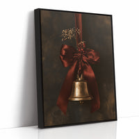 Bell Ringing for the Quiet Hour, a brass bell tied with a burgundy satin ribbon and dried sprigs, on a near black ground, as a framed canvas in a black frame