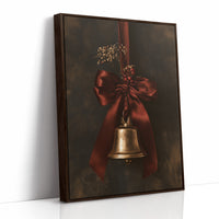 Bell Ringing for the Quiet Hour, a brass bell tied with a burgundy satin ribbon and dried sprigs, on a near black ground, as a framed canvas in a brown frame