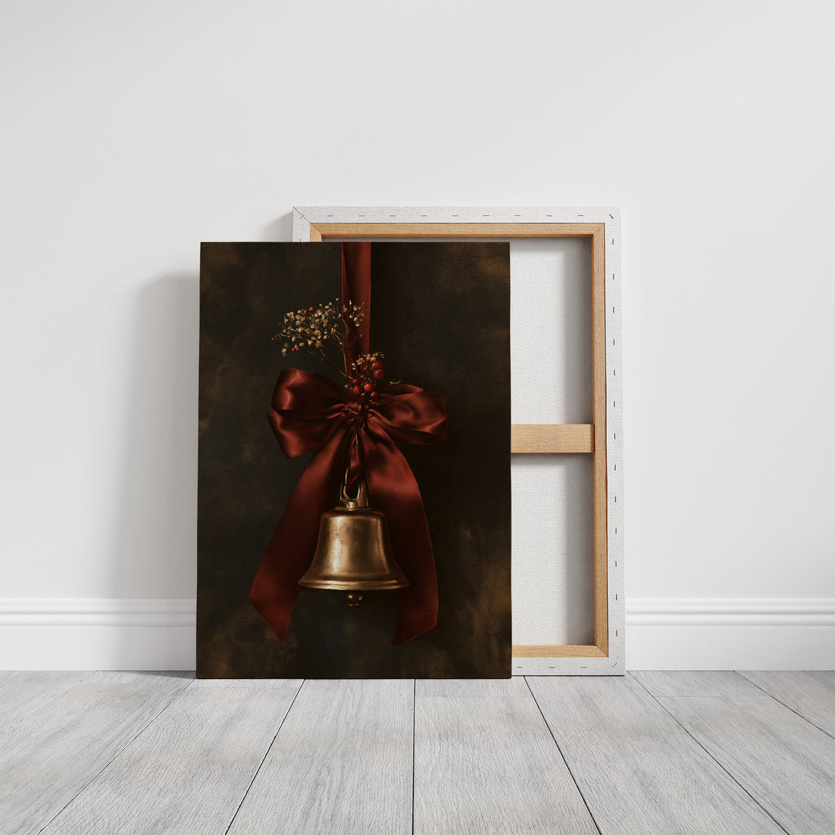 Bell Ringing for the Quiet Hour, a brass bell tied with a burgundy satin ribbon and dried sprigs, on a near black ground, on a gallery canvas with wrapped edges leaning against a white wall