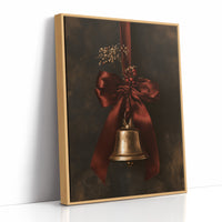 Bell Ringing for the Quiet Hour, a brass bell tied with a burgundy satin ribbon and dried sprigs, on a near black ground, as a framed canvas in a natural wood frame