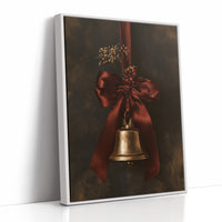 Bell Ringing for the Quiet Hour, a brass bell tied with a burgundy satin ribbon and dried sprigs, on a near black ground, as a framed canvas in a white frame