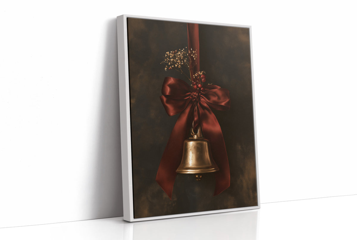 Bell Ringing for the Quiet Hour, a brass bell tied with a burgundy satin ribbon and dried sprigs, on a near black ground, as a framed canvas in a white frame