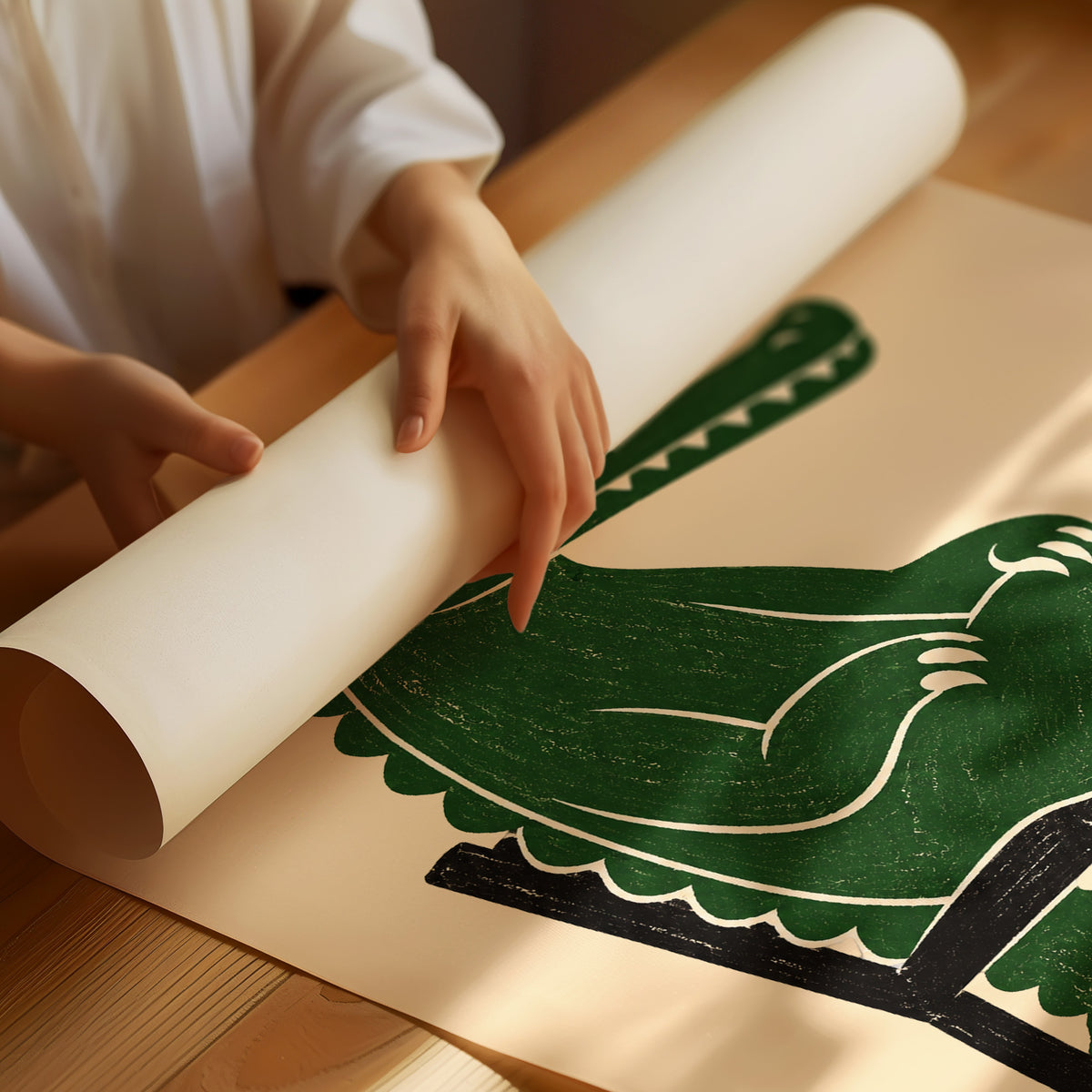 Bites Only With a Reason, a crocodile sitting upright in a plain wooden chair, in deep green on a cream ground, with a bold lettered line above reading I DON'T BITE and one below reading WITHOUT A REASON, as a matte poster, unframed