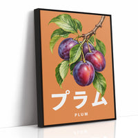 Branch Heavy with Plums, a branch of purple plums with green leaves on a burnt orange ground, with a tall block of Japanese katakana and the English word PLUM set small in cream beneath, as a framed canvas in a black frame