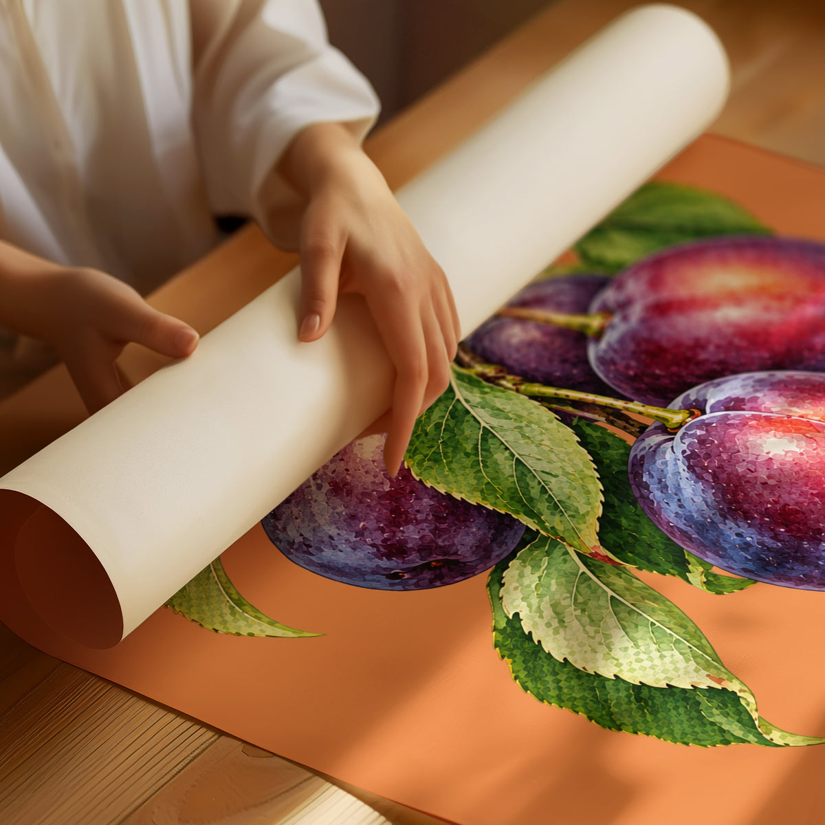 Branch Heavy with Plums, a branch of purple plums with green leaves on a burnt orange ground, with a tall block of Japanese katakana and the English word PLUM set small in cream beneath, as a matte poster, unframed