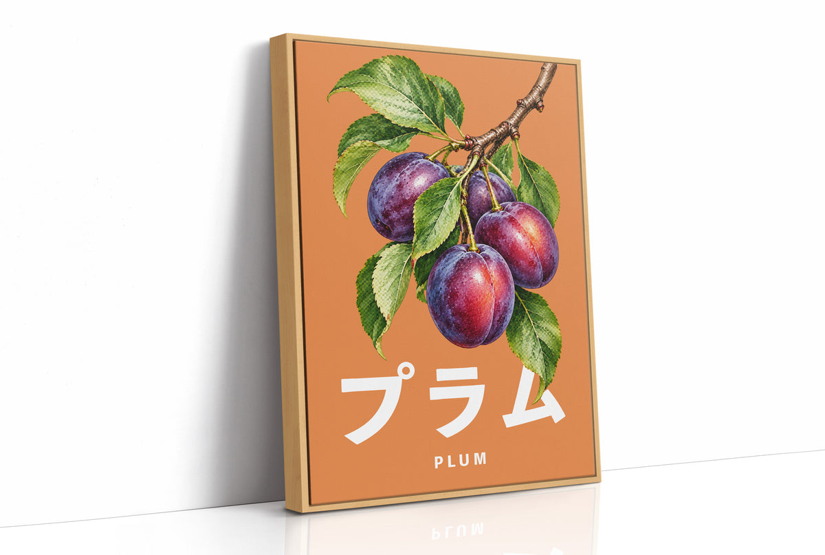 Branch Heavy with Plums, a branch of purple plums with green leaves on a burnt orange ground, with a tall block of Japanese katakana and the English word PLUM set small in cream beneath, as a framed canvas in a natural wood frame