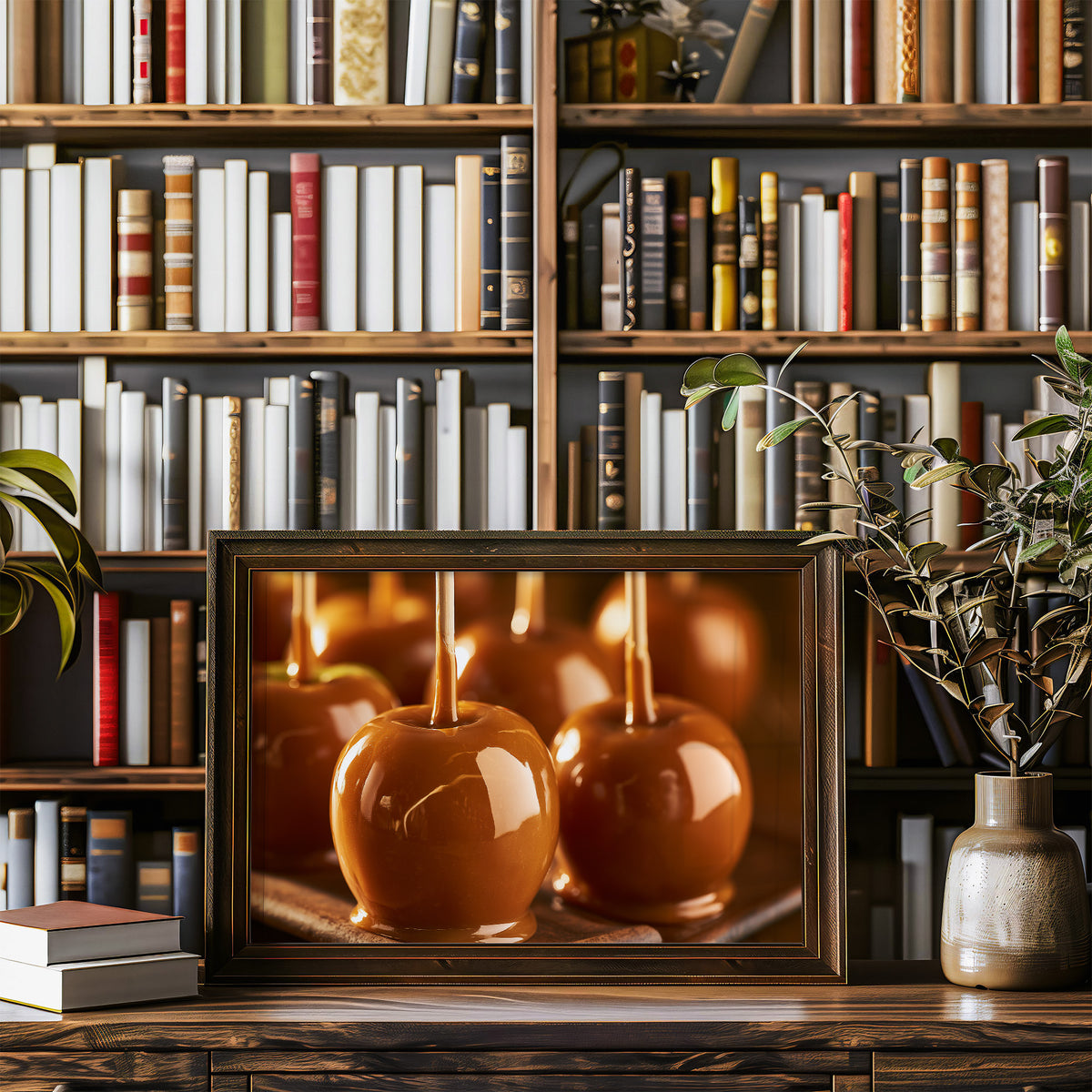 Caramel Glow at Dusk, three glossy caramel glazed apples on sticks in warm candlelight, painted in amber, burnt sugar and deep brown, in a wood frame on a bookshelf wall beside a vase of olive branches