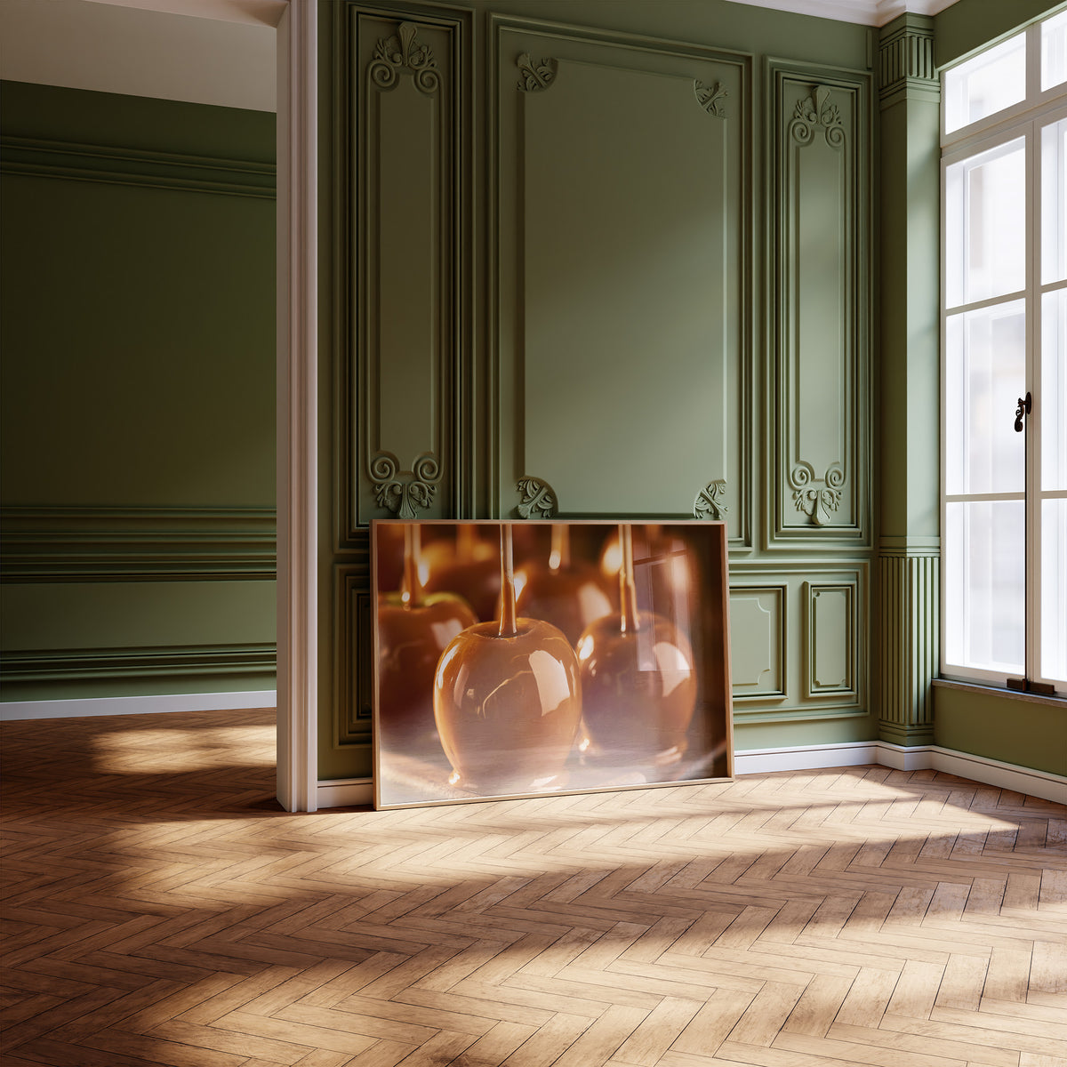 Caramel Glow at Dusk, three glossy caramel glazed apples on sticks in warm candlelight, painted in amber, burnt sugar and deep brown, leaning on a herringbone floor in a green paneled room with tall windows