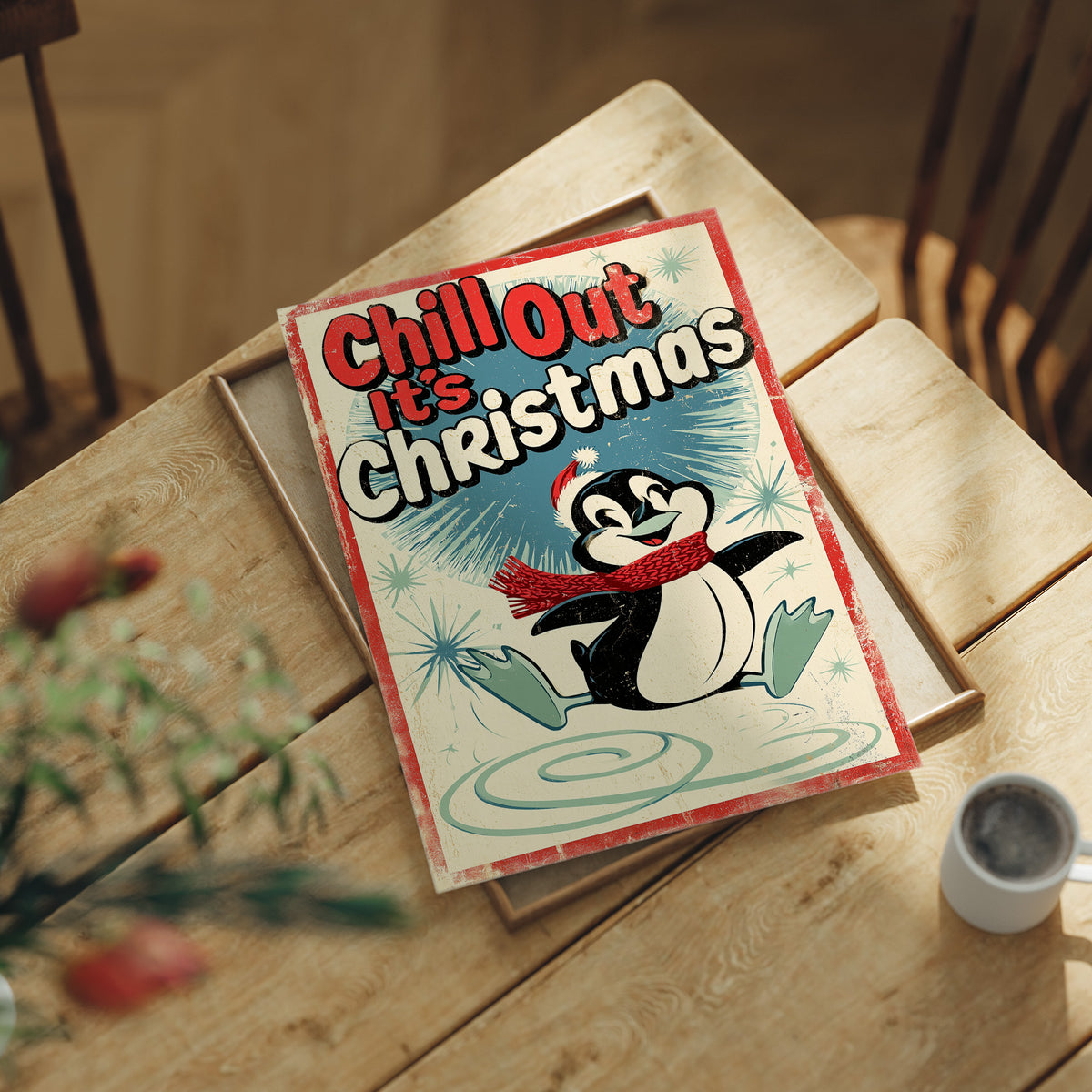 Chill Out, Cold Is Cozy, a vintage style penguin in a red scarf and a Santa hat sitting on a snowy patch, with a retro sign line of bold lettering above him, in red, cream and soft teal, lying flat on a light wood table beside a coffee cup and red berries