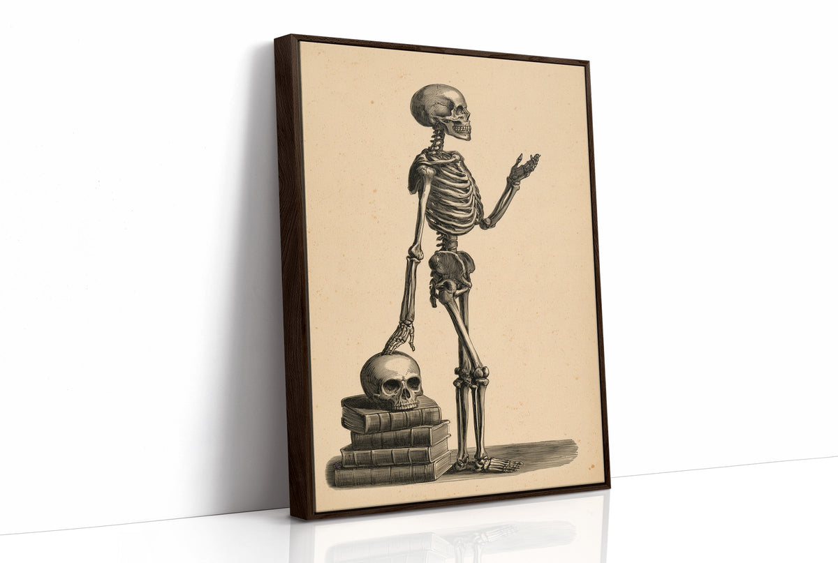 Class Is Still in Session, vintage engraving style skeleton lecturing atop a stack of books and a skull on sepia paper, as a framed canvas in a brown frame
