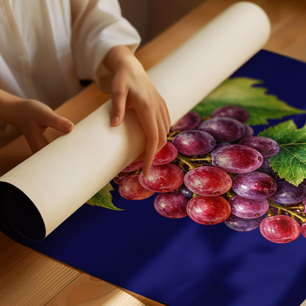 Clusters Heavy Over Midnight Water, a cluster of rose and purple grapes with green leaves hanging from a stem on a deep navy ground, with the Japanese katakana set in large white letters and the word GRAPES in small capitals beneath, as a matte poster, unframed
