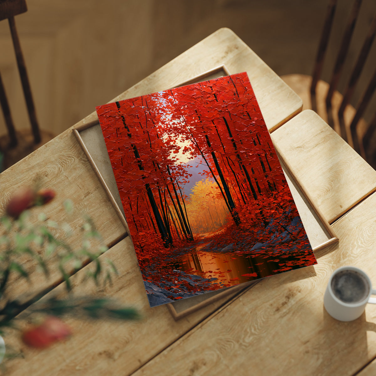Crimson Hours Under the Canopy, a red autumn forest of tall dark trunks under crimson leaves, a pale sun glowing through the canopy above a stream of amber light, painted in ember red, deep umber and amber, lying flat on a light wood table beside a coffee cup and red berries