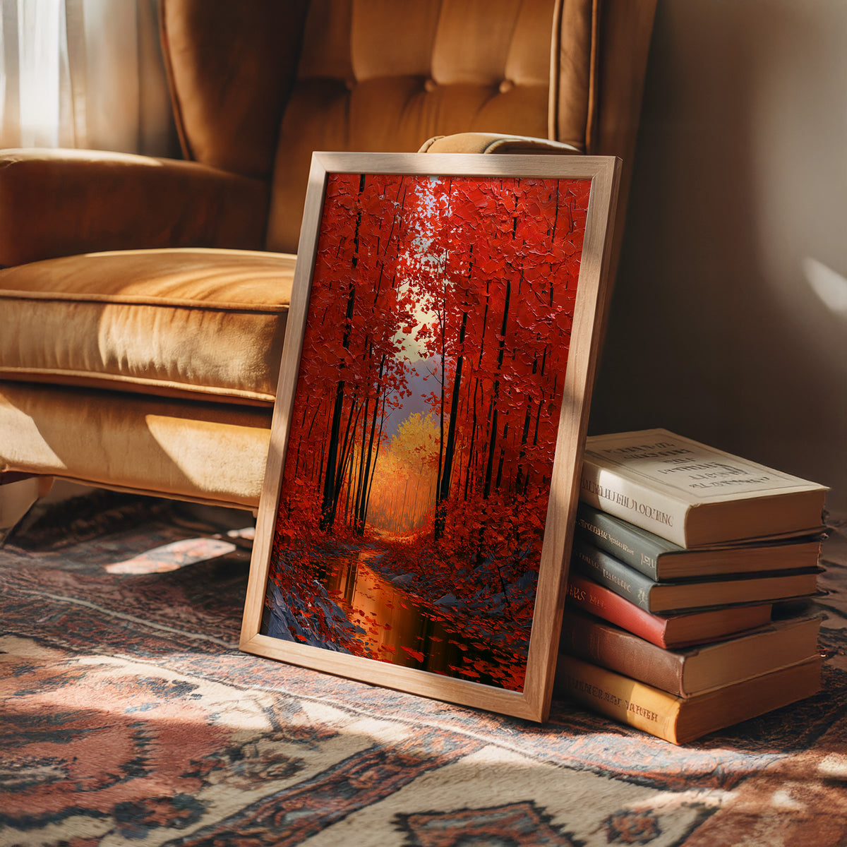 Crimson Hours Under the Canopy, a red autumn forest of tall dark trunks under crimson leaves, a pale sun glowing through the canopy above a stream of amber light, painted in ember red, deep umber and amber, in a wood frame on a rug beside a leather armchair and a stack of books
