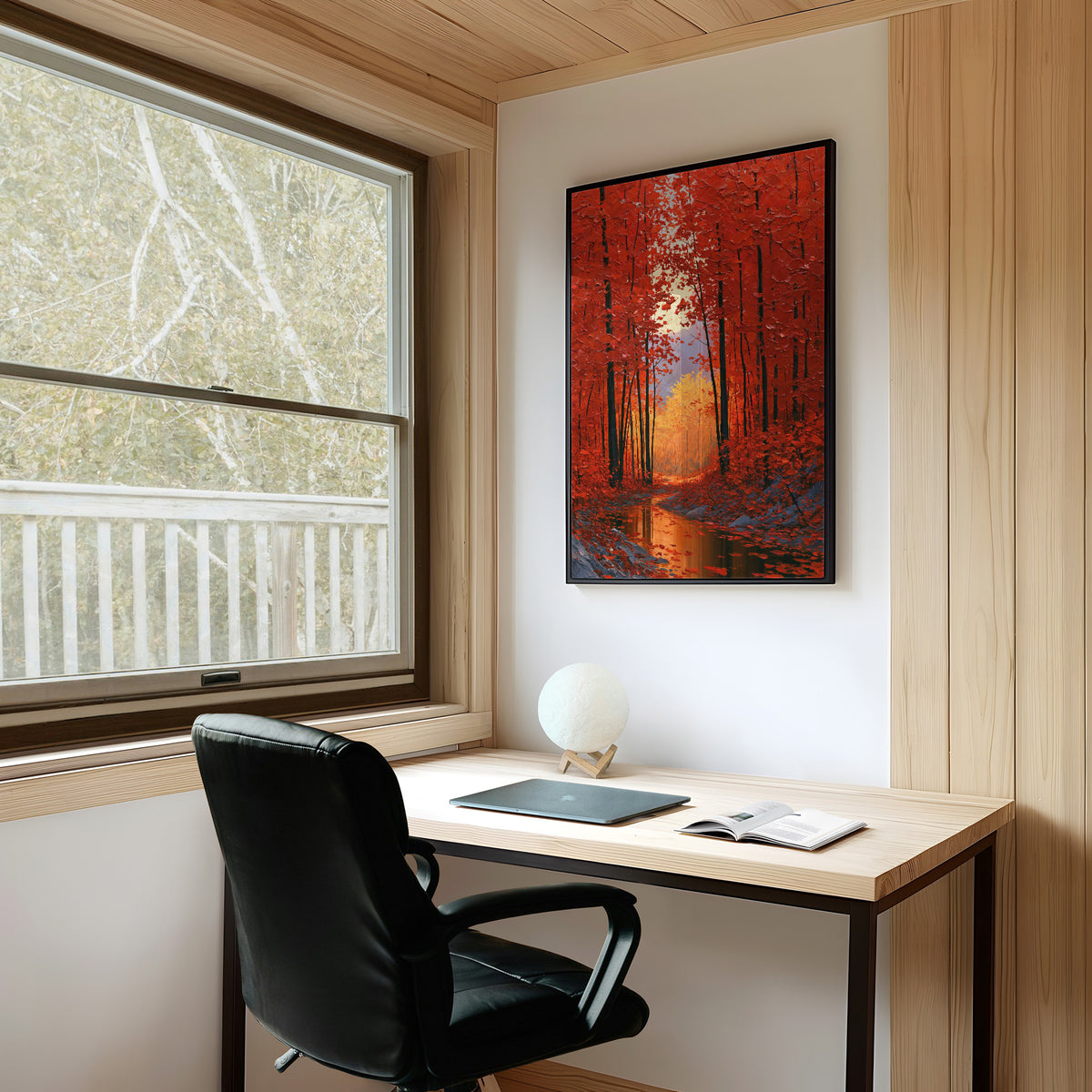 Crimson Hours Under the Canopy, a red autumn forest of tall dark trunks under crimson leaves, a pale sun glowing through the canopy above a stream of amber light, painted in ember red, deep umber and amber, on a study wall above a writing desk and a black desk chair