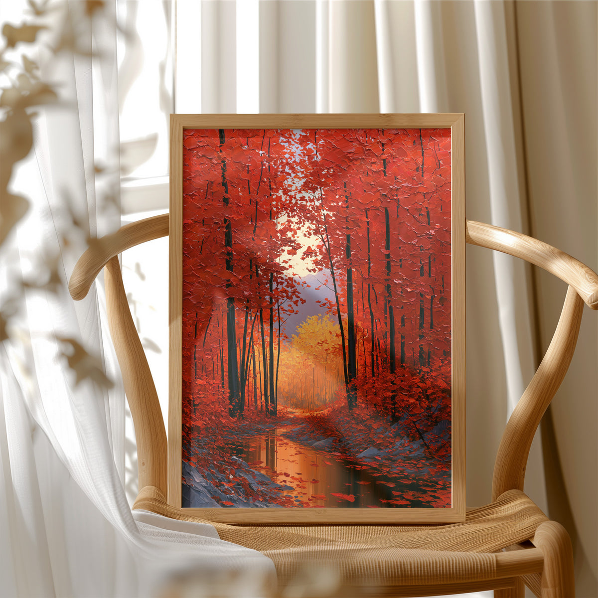 Crimson Hours Under the Canopy, a red autumn forest of tall dark trunks under crimson leaves, a pale sun glowing through the canopy above a stream of amber light, painted in ember red, deep umber and amber, in a wood frame beside a wicker chair by a sunny window