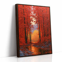 Crimson Hours Under the Canopy, a red autumn forest of tall dark trunks under crimson leaves, a pale sun glowing through the canopy above a stream of amber light, painted in ember red, deep umber and amber, as a framed canvas in a brown frame