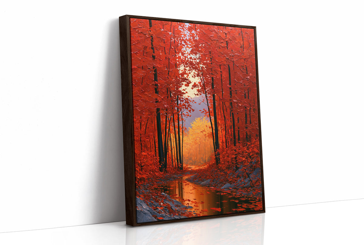 Crimson Hours Under the Canopy, a red autumn forest of tall dark trunks under crimson leaves, a pale sun glowing through the canopy above a stream of amber light, painted in ember red, deep umber and amber, as a framed canvas in a brown frame