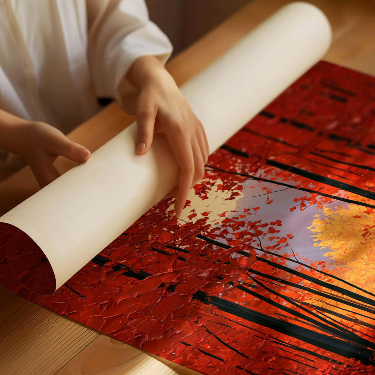Crimson Hours Under the Canopy, a red autumn forest of tall dark trunks under crimson leaves, a pale sun glowing through the canopy above a stream of amber light, painted in ember red, deep umber and amber, as a matte poster, unframed