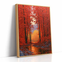 Crimson Hours Under the Canopy, a red autumn forest of tall dark trunks under crimson leaves, a pale sun glowing through the canopy above a stream of amber light, painted in ember red, deep umber and amber, as a framed canvas in a natural wood frame