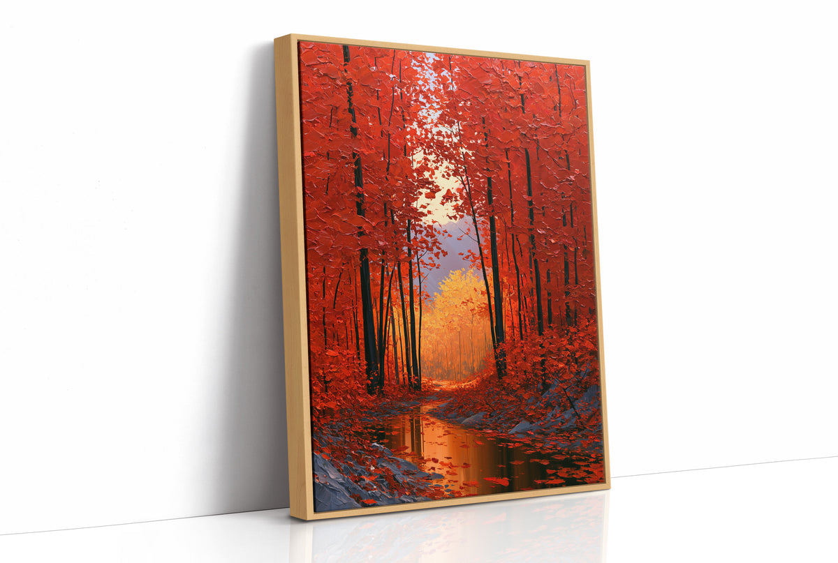Crimson Hours Under the Canopy, a red autumn forest of tall dark trunks under crimson leaves, a pale sun glowing through the canopy above a stream of amber light, painted in ember red, deep umber and amber, as a framed canvas in a natural wood frame