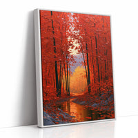 Crimson Hours Under the Canopy, a red autumn forest of tall dark trunks under crimson leaves, a pale sun glowing through the canopy above a stream of amber light, painted in ember red, deep umber and amber, as a framed canvas in a white frame