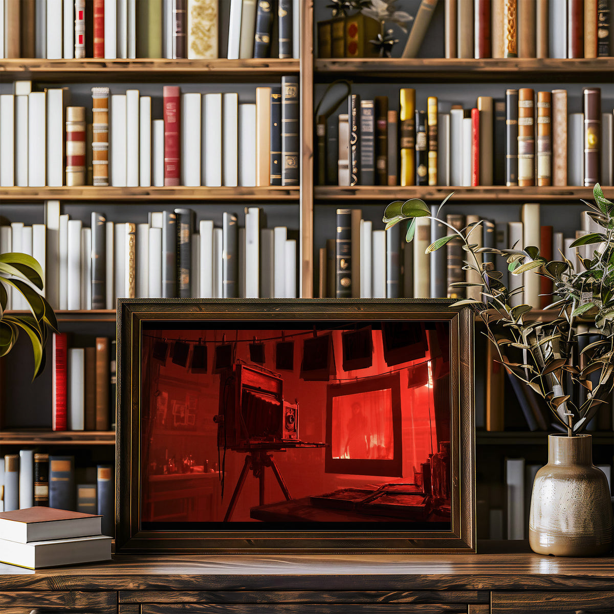 Developing in Deep Crimson, a vintage wooden view camera on a tripod in a red lit darkroom with a glowing doorway behind it, painted in crimson, umber and shadow black, in a wood frame on a bookshelf wall beside a vase of olive branches