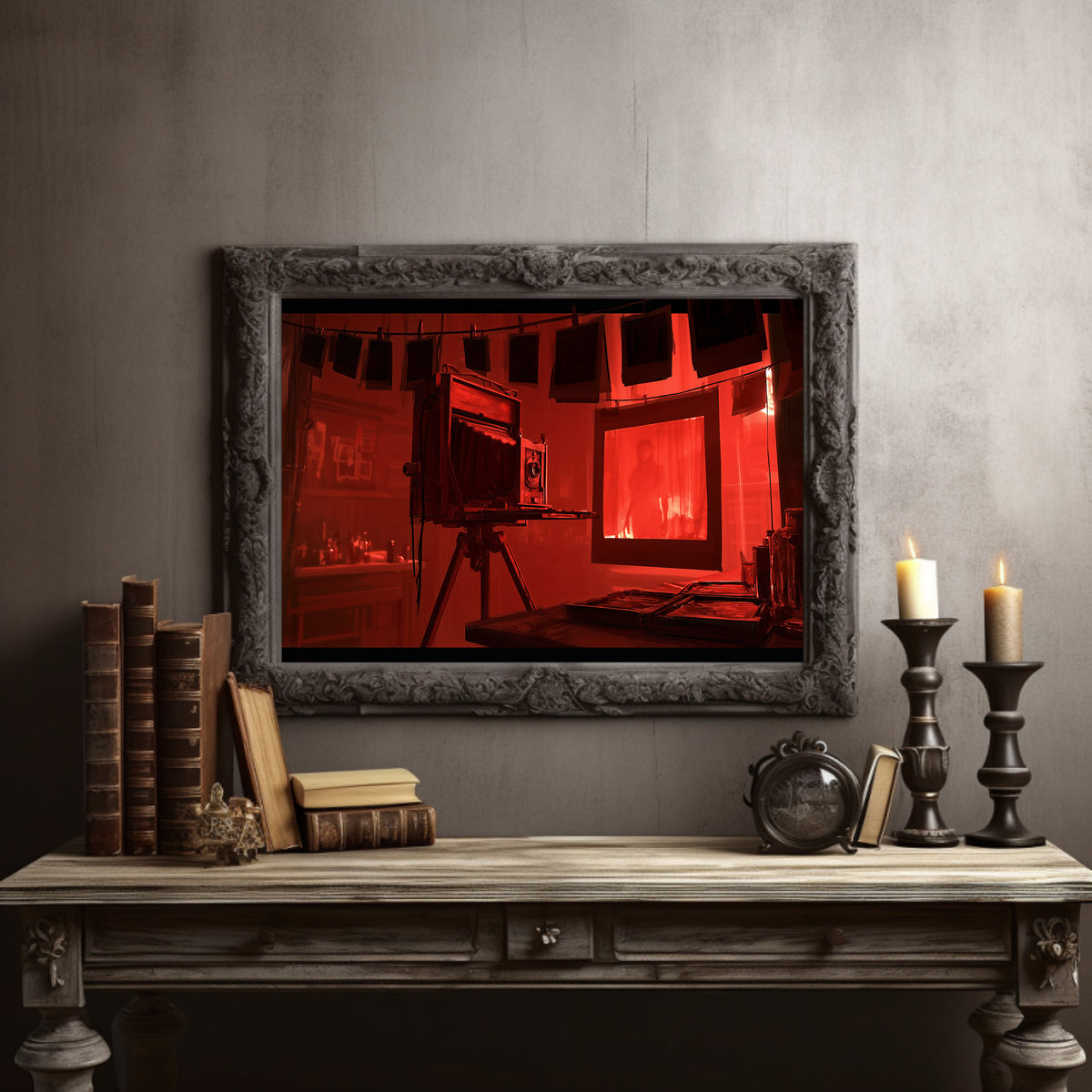 Developing in Deep Crimson, a vintage wooden view camera on a tripod in a red lit darkroom with a glowing doorway behind it, painted in crimson, umber and shadow black, in a dark carved frame on a gray wall above a console table with candlesticks and old books