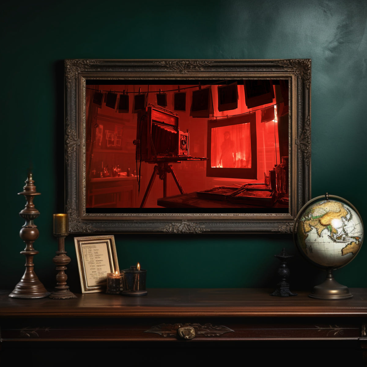 Developing in Deep Crimson, a vintage wooden view camera on a tripod in a red lit darkroom with a glowing doorway behind it, painted in crimson, umber and shadow black, in an ornate dark frame on a deep green wall above a mantel with a globe and candles