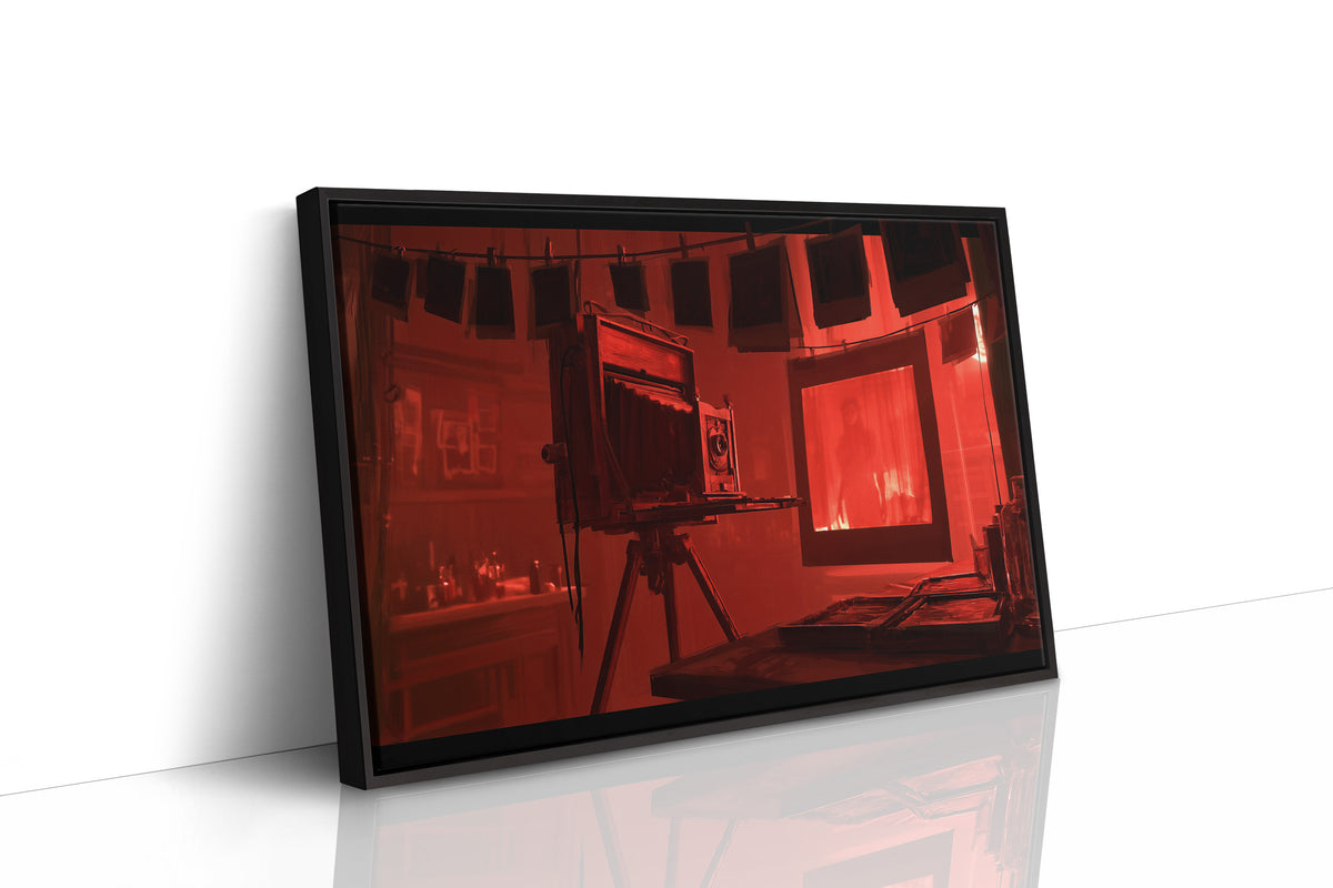 Developing in Deep Crimson, a vintage wooden view camera on a tripod in a red lit darkroom with a glowing doorway behind it, painted in crimson, umber and shadow black, as a framed canvas in a black frame