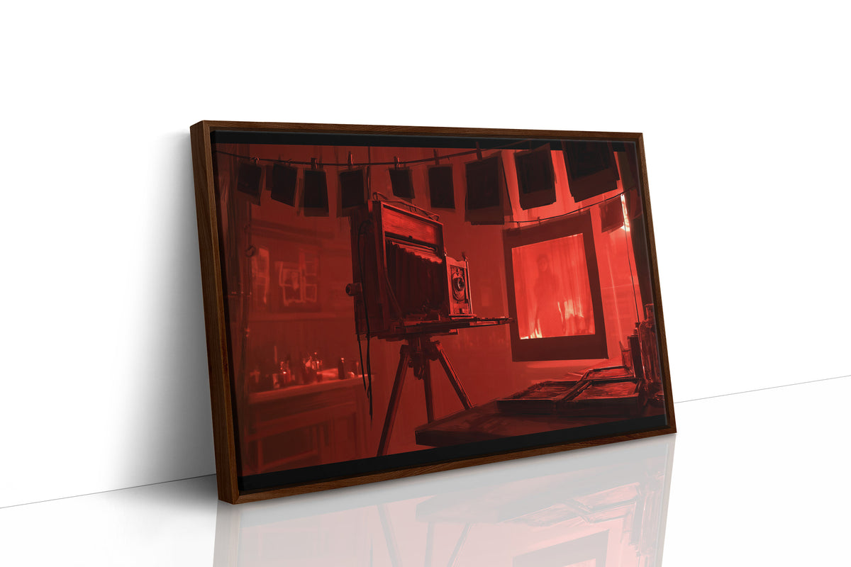Developing in Deep Crimson, a vintage wooden view camera on a tripod in a red lit darkroom with a glowing doorway behind it, painted in crimson, umber and shadow black, as a framed canvas in a brown frame