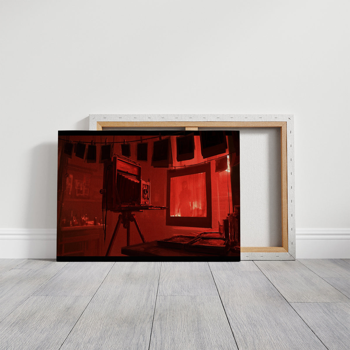 Developing in Deep Crimson, a vintage wooden view camera on a tripod in a red lit darkroom with a glowing doorway behind it, painted in crimson, umber and shadow black, on a gallery canvas with wrapped edges leaning against a white wall