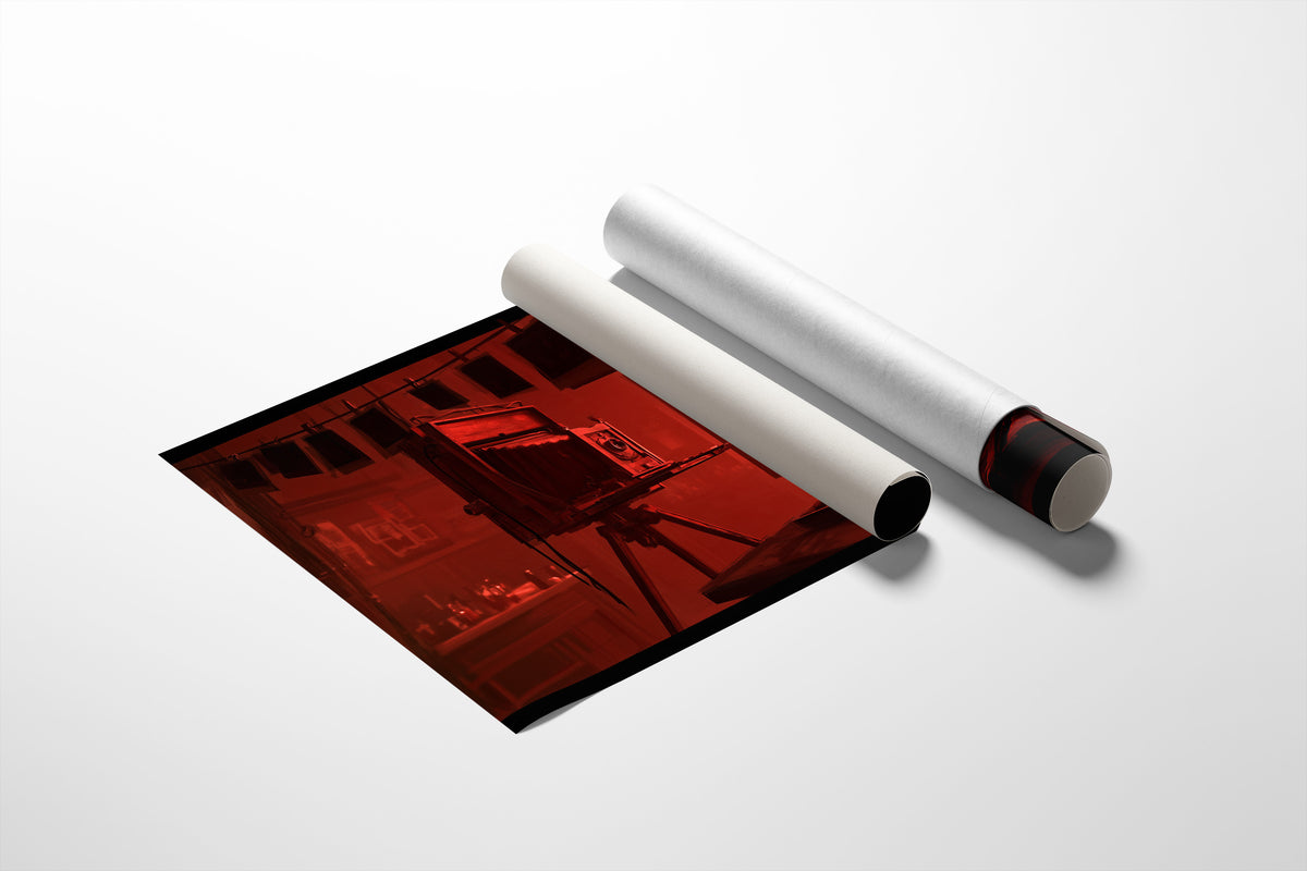 Developing in Deep Crimson, a vintage wooden view camera on a tripod in a red lit darkroom with a glowing doorway behind it, painted in crimson, umber and shadow black, as a matte poster, unframed