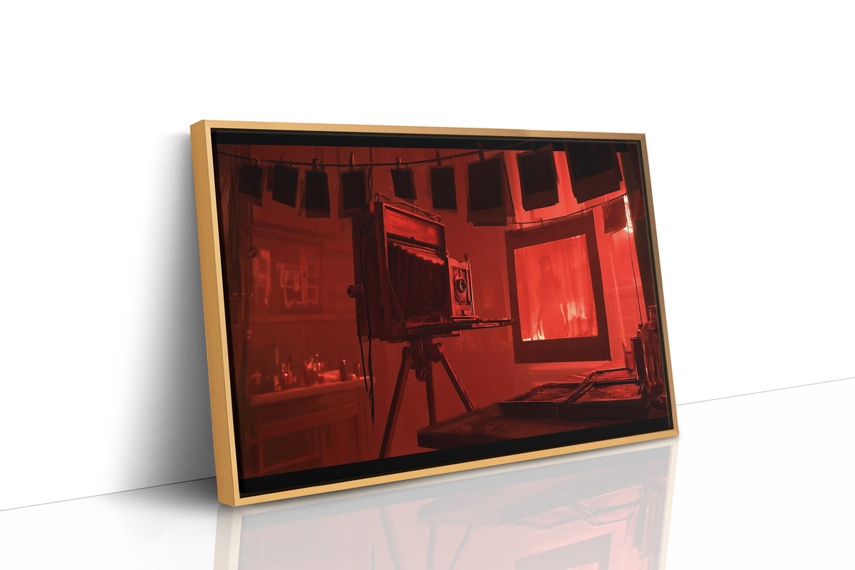Developing in Deep Crimson, a vintage wooden view camera on a tripod in a red lit darkroom with a glowing doorway behind it, painted in crimson, umber and shadow black, as a framed canvas in a natural wood frame
