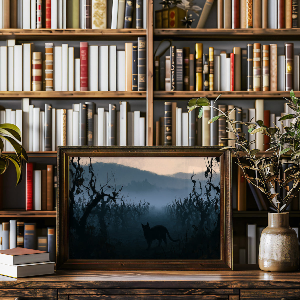Dusk Keeps the Hollow Quiet, a black cat silhouette standing in misty hills under gnarled trees, peach sky band at dusk, blue and charcoal palette, in a wood frame on a bookshelf wall beside a vase of olive branches