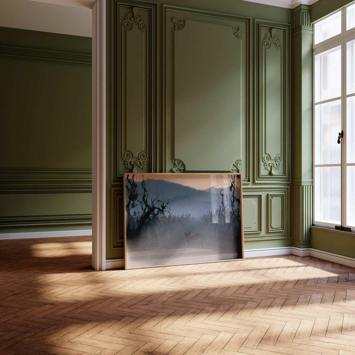 Dusk Keeps the Hollow Quiet, a black cat silhouette standing in misty hills under gnarled trees, peach sky band at dusk, blue and charcoal palette, leaning on a herringbone floor in a green paneled room with tall windows