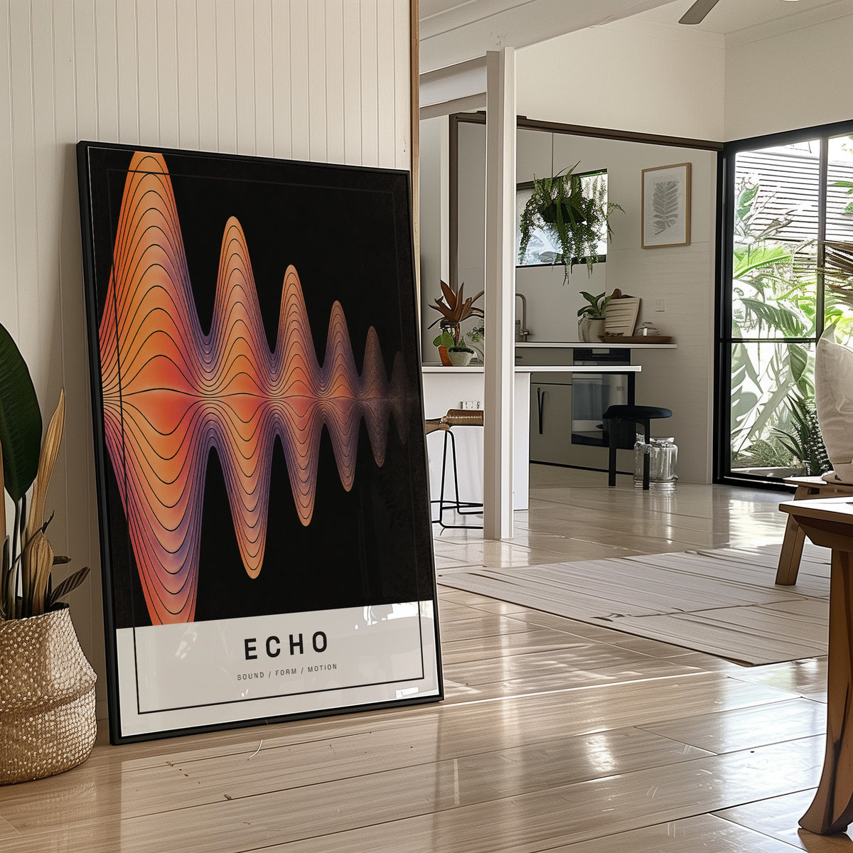 Echoes Still Moving Through the Dark, an orange and rose sound wave of thin contour lines rippling out from the center of a black field, with the word ECHO in spaced black capitals on a cream label at the base, in a black frame leaning on a bright hallway floor beside a potted plant
