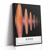 Echoes Still Moving Through the Dark, an orange and rose sound wave of thin contour lines rippling out from the center of a black field, with the word ECHO in spaced black capitals on a cream label at the base, as a framed canvas in a black frame