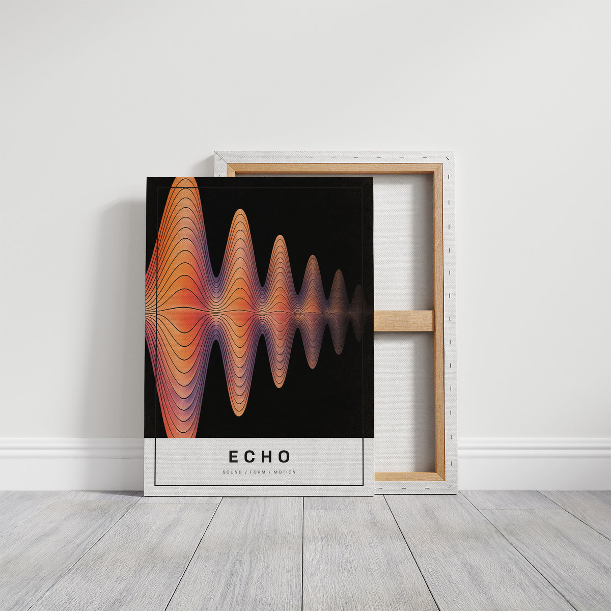 Echoes Still Moving Through the Dark, an orange and rose sound wave of thin contour lines rippling out from the center of a black field, with the word ECHO in spaced black capitals on a cream label at the base, on a gallery canvas with wrapped edges leaning against a white wall