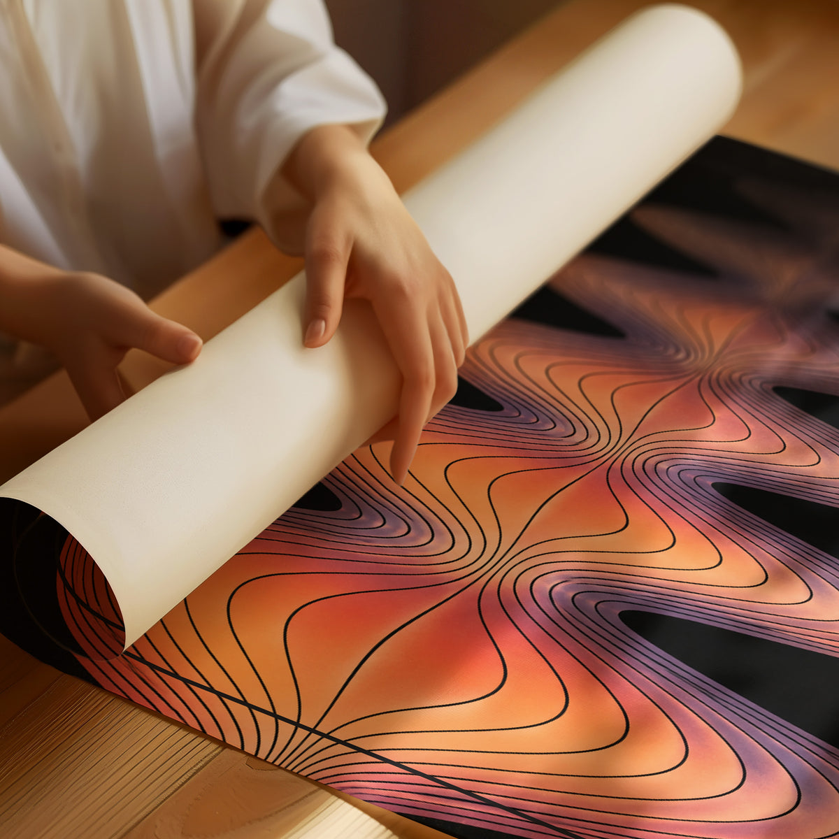 Echoes Still Moving Through the Dark, an orange and rose sound wave of thin contour lines rippling out from the center of a black field, with the word ECHO in spaced black capitals on a cream label at the base, as a matte poster, unframed