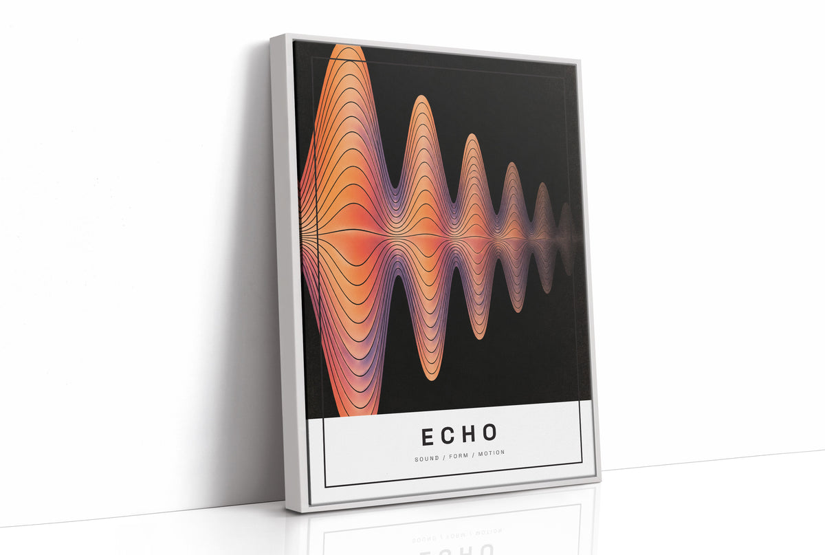 Echoes Still Moving Through the Dark, an orange and rose sound wave of thin contour lines rippling out from the center of a black field, with the word ECHO in spaced black capitals on a cream label at the base, as a framed canvas in a white frame