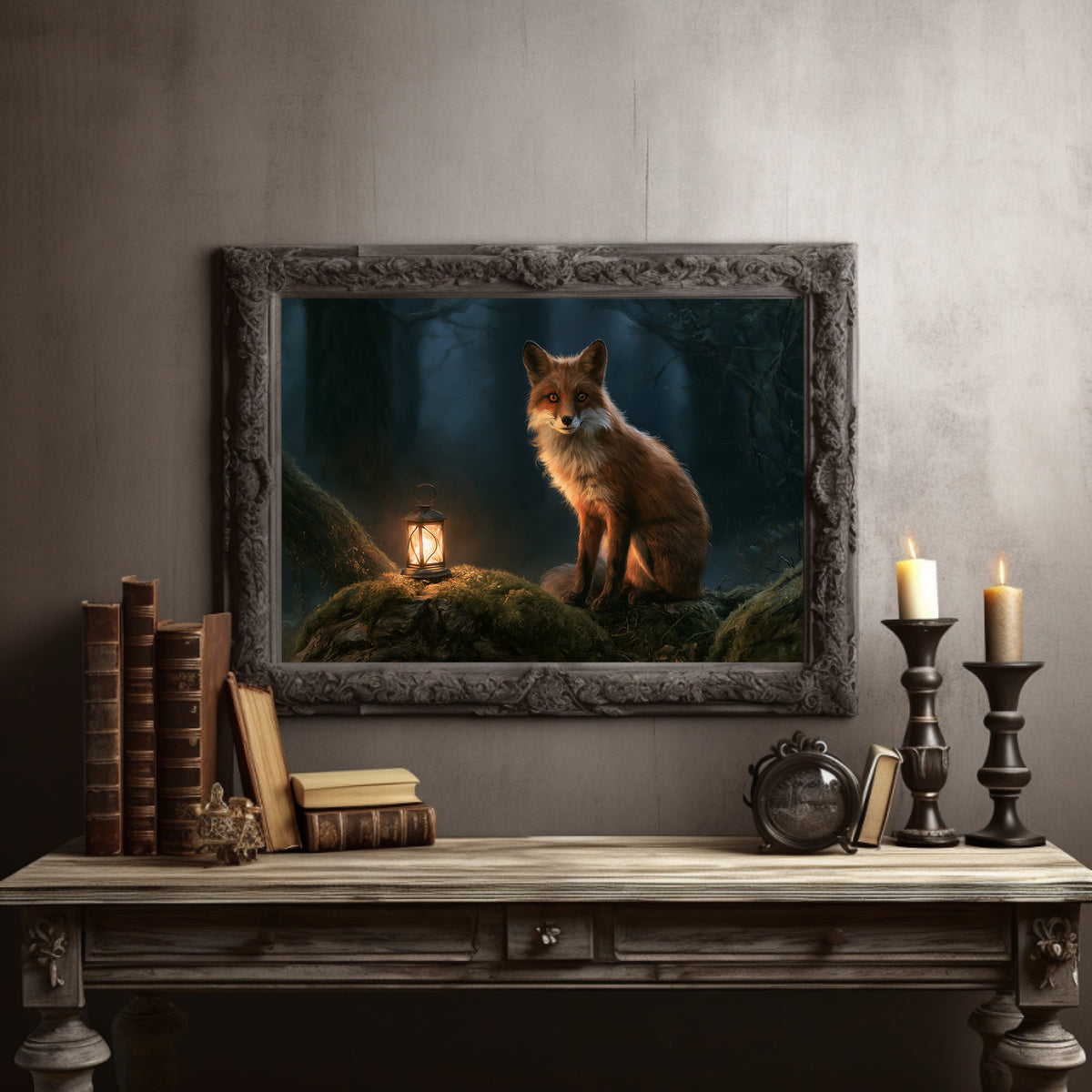 Ember Fox on the Moss Bank, a red fox sitting on a mossy bank beside a glowing lantern in a dark teal forest, storybook oil painting, in a dark carved frame on a gray wall above a console table with candlesticks and old books